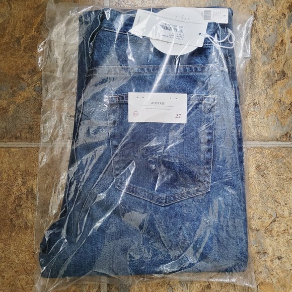 NWT AG The Alexxis Ultra High-Rise Frayed Hem Straight Jeans in Denim Dark - Picture 8 of 8